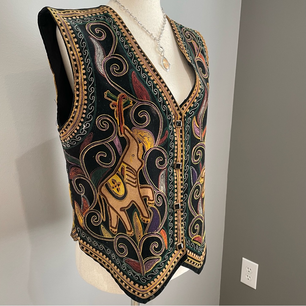 VTG Pabst Blue Ribbon Velvet Vest XXL Black Elephant Print V Neck Button Down - Picture 6 of 12